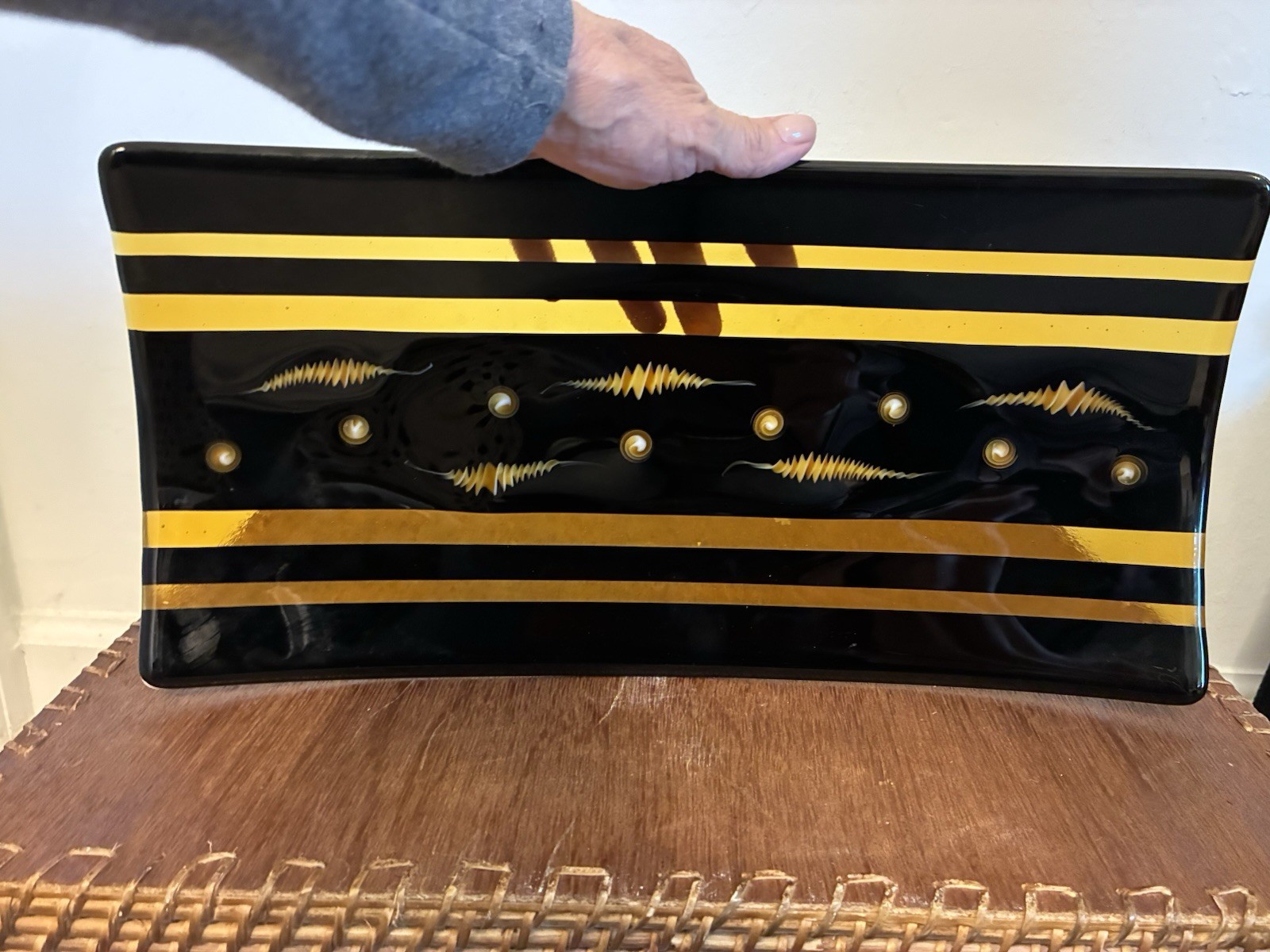 Oscar Ann “Midnight Stroll” Handcrafted Fused Art Glass Rectangular Tray Platter