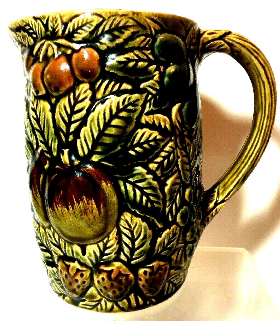 Vintage Ceramic Pitcher With Fruit and Leaves Japan Made, Cottagecore 7 inch