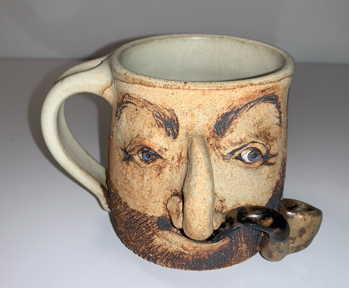 Signed Art Pottery Stoneware Man Beard Pipe Ugly Funny Mug Face 1986 Folk Art