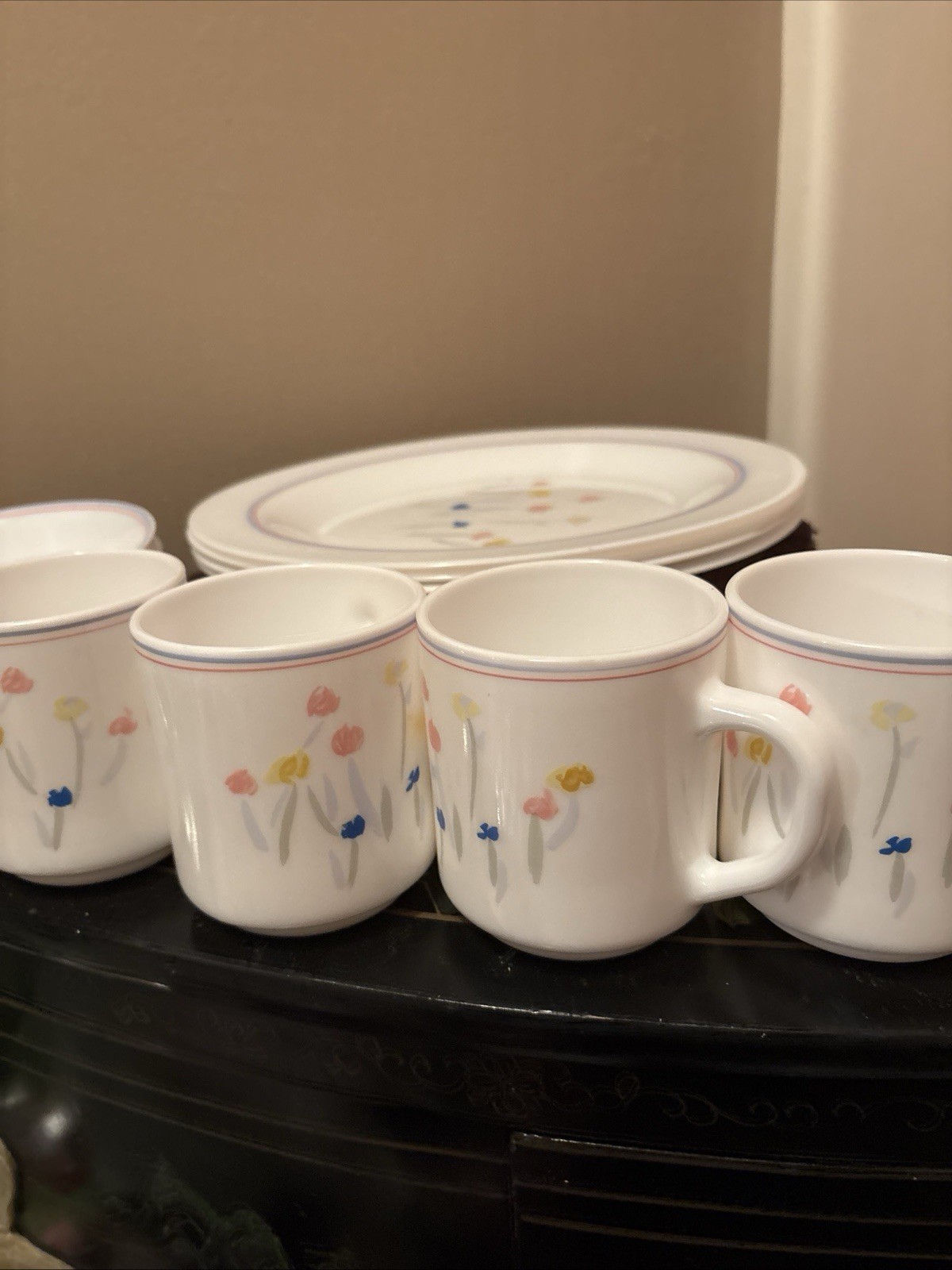 ARCOPAL France PASTORAL Vtg. Milk Glass 4 Salad 4 dinner, 3 soup bowls 4 Mugs