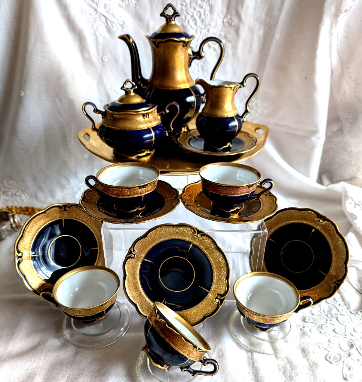 VINTAGE GRAF VON HENNEBERG PORZELLAN ILMENAU GERMANY ECHT KOBALT COFFEE SET 15pc