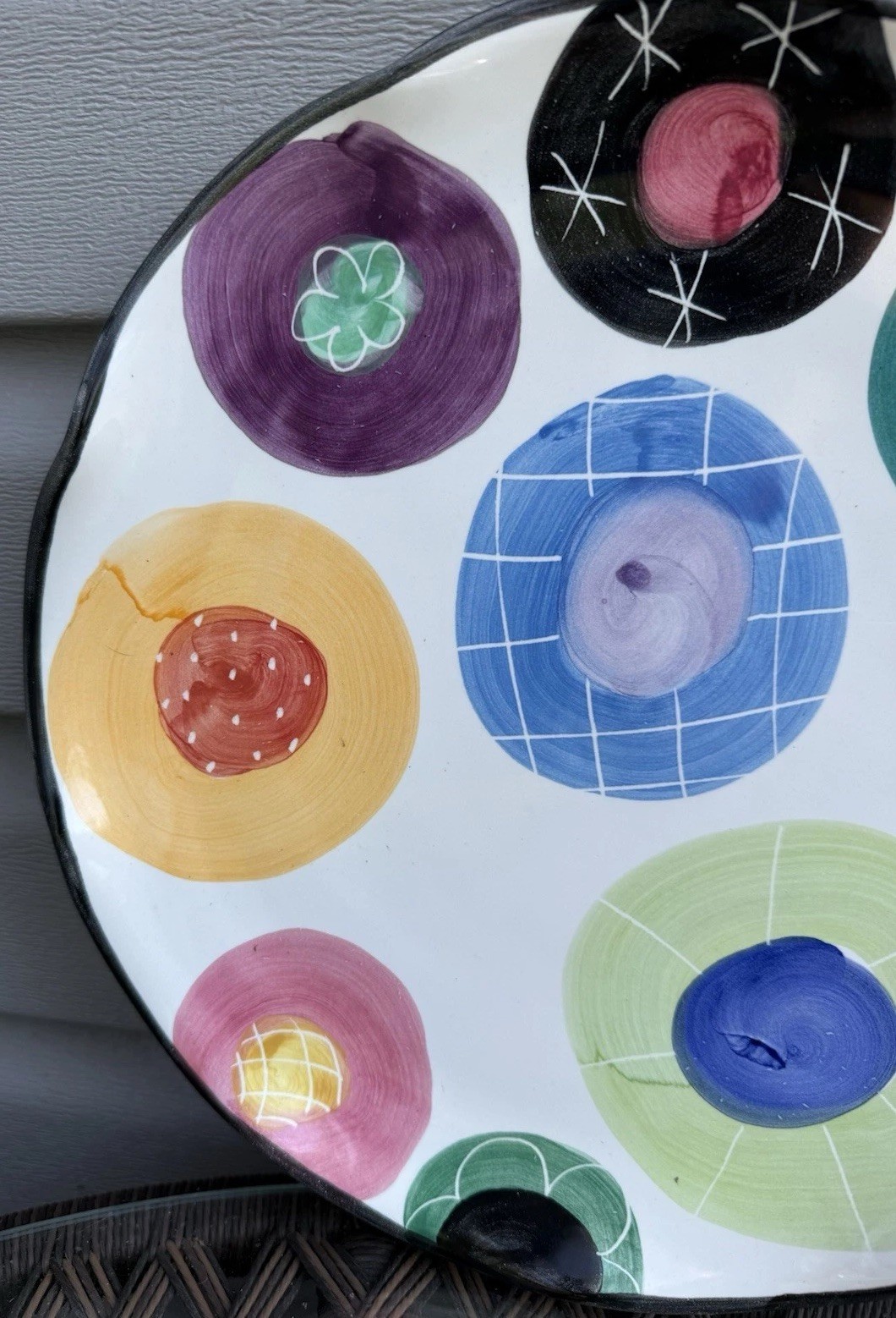Jan Pugh Signed Art Pottery Plate Platter Hand Painted Ruffled Edge Whimsical