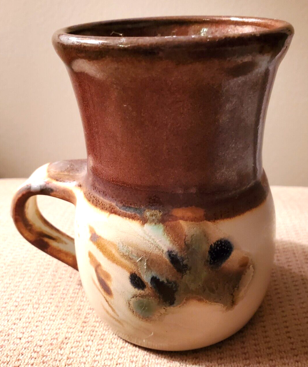 Art Pottery Mug Brown Tan Blue Gray Signed Ron Hulu or Lulu Possibly Studio Art