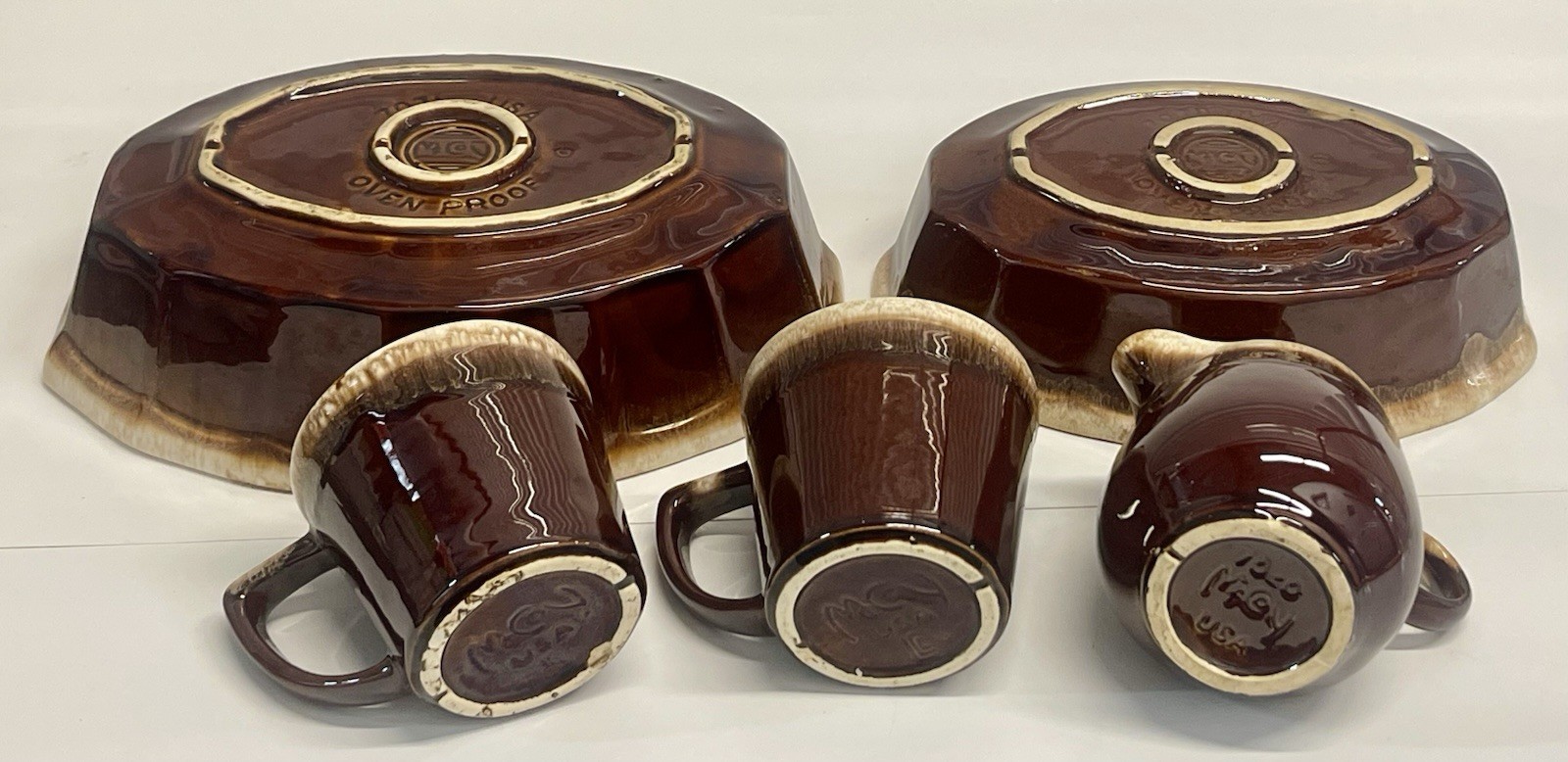 Vintage MCM Brown Drip Glaze Pottery Set Mugs Bowls Creamer USA Oven Proof