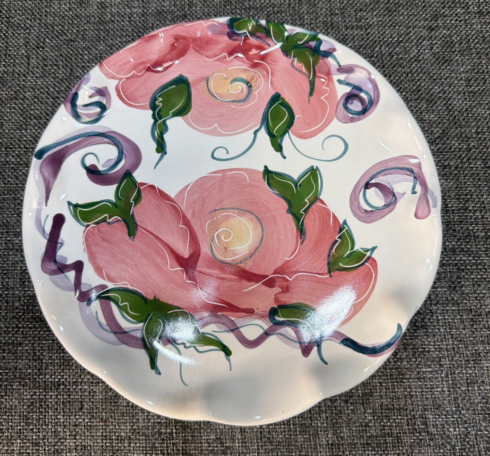 Jan Pugh Signed Triumph Treasure Pottery Plate Hand-Painted Floral Ruffled Edge