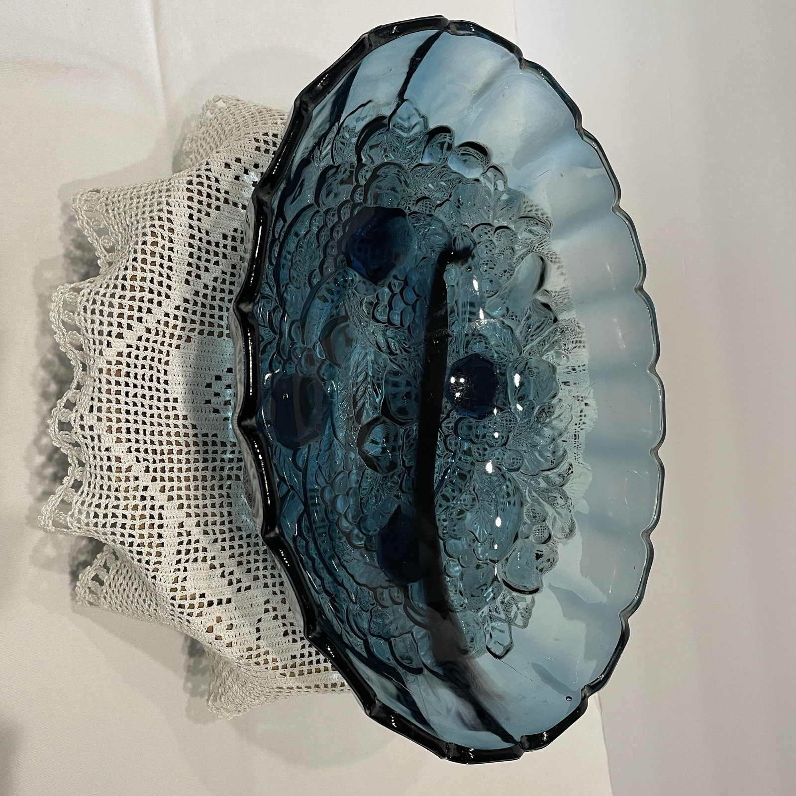 Vintage Indiana Glass Blue Garland Fruit Bowl Footed Oval 12inches Harvest Grape