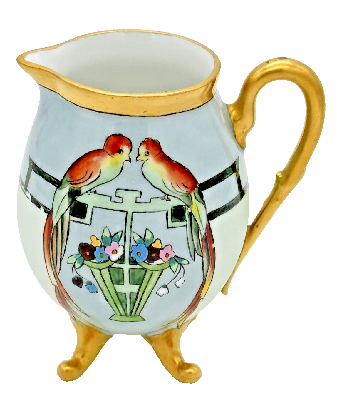 Vintage Bavarian Footed Floral Peacock Pitcher Creamer Gold Trim 4.25″ High