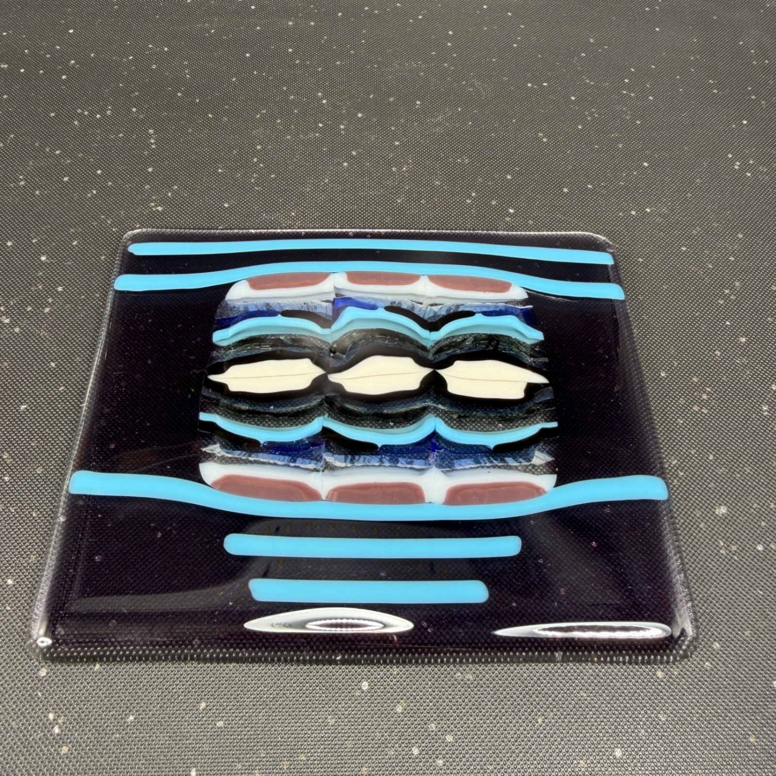 Handmade Fused Glass Art Plate Abstract Geometric Purple Turquoise 6×5 Inch