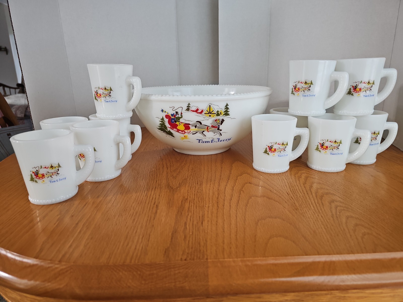 Vintage Tom & Jerry Milk Glass Beaded Punch Bowl & 11 Cups Sleigh Horses
