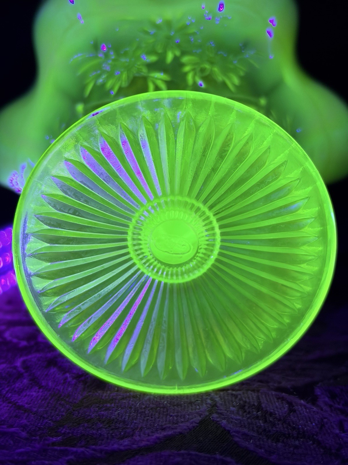 Fenton Topaz Vaseline Uranium Glass Daisy Feather Compote Black Crest Ex Cond