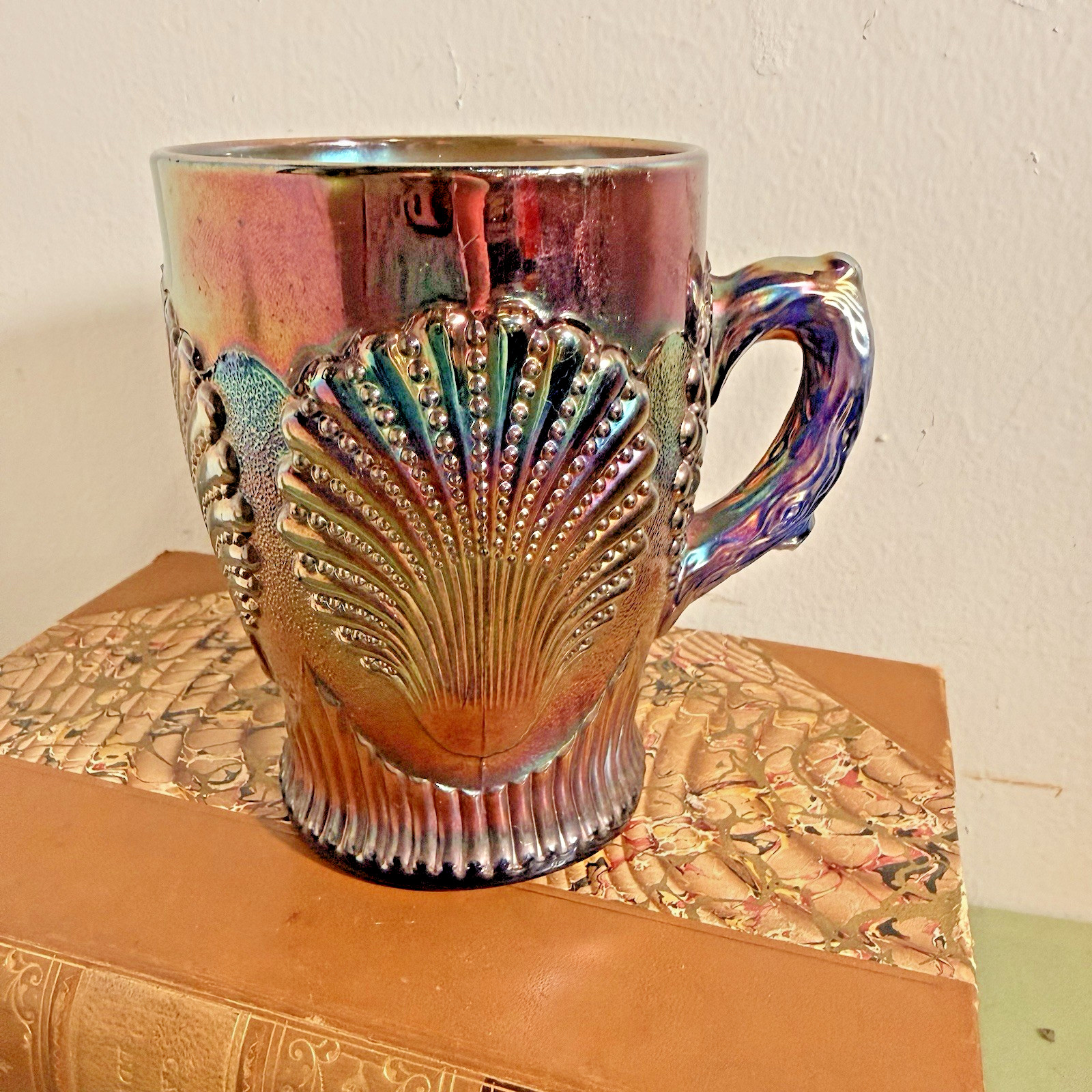 Antique Dugan Beaded Shell Cobalt Blue Carnival Glass Mug Peacock Iridescent
