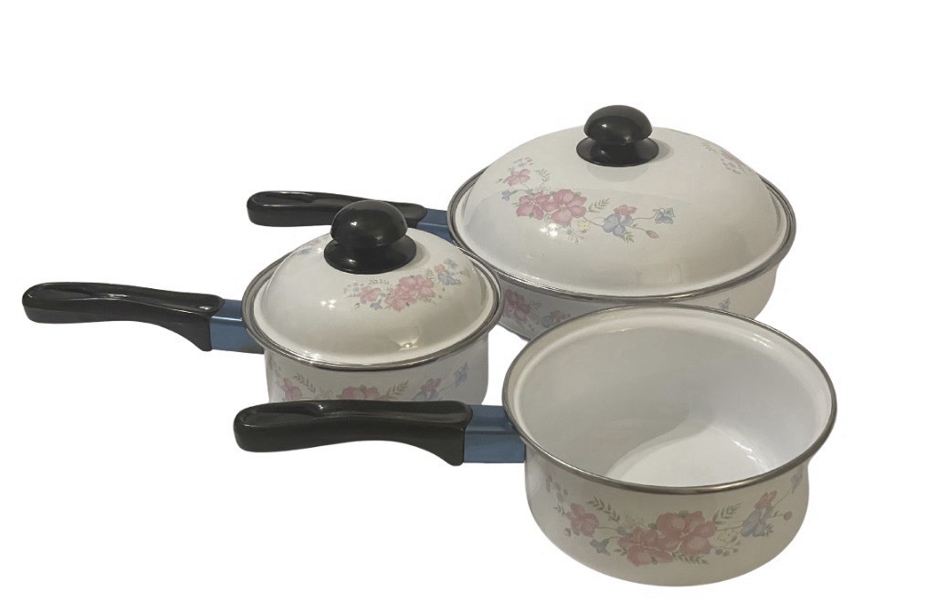 Vintage! Lincoware Hana Floral Ceramic Pots Set of 3 w/ 2 Lids White Pink Green