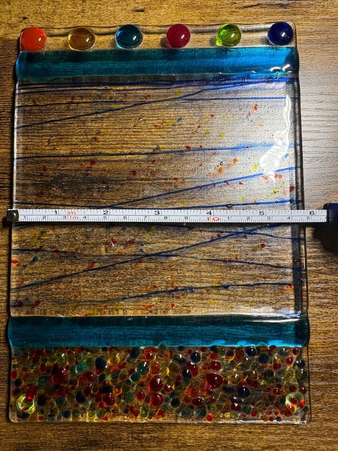Fused Art Glass Rectangular Serving Tray with Rainbow Dots, Signed by Artist