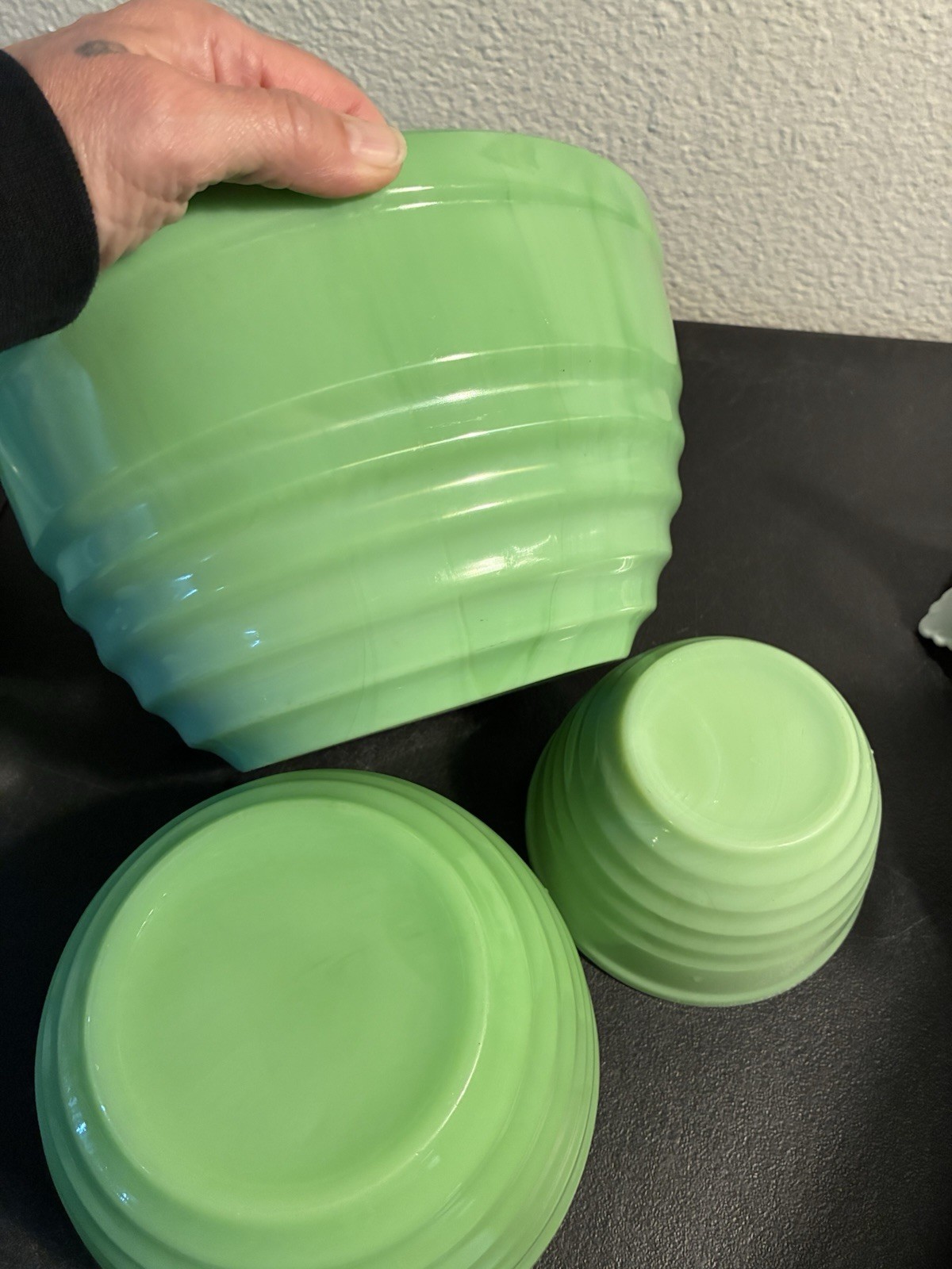 Jeannette Glass Concentric Circle Mixing Bowl Set Jadeite Green 5 7 & 9” Uranium