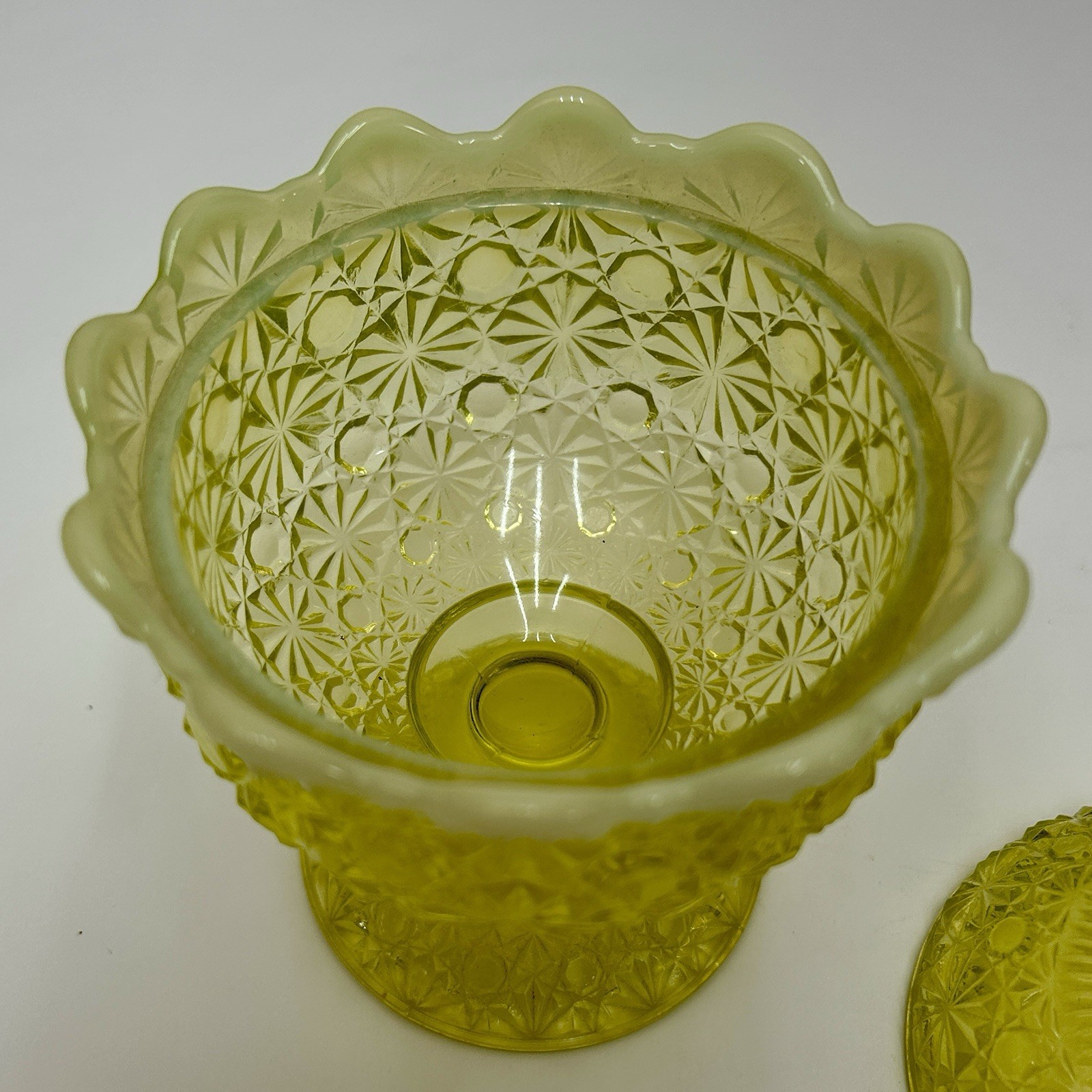 L.G. Wright Fenton Daisy Button Yellow Vaseline Uranium Opalescent Compote VTG