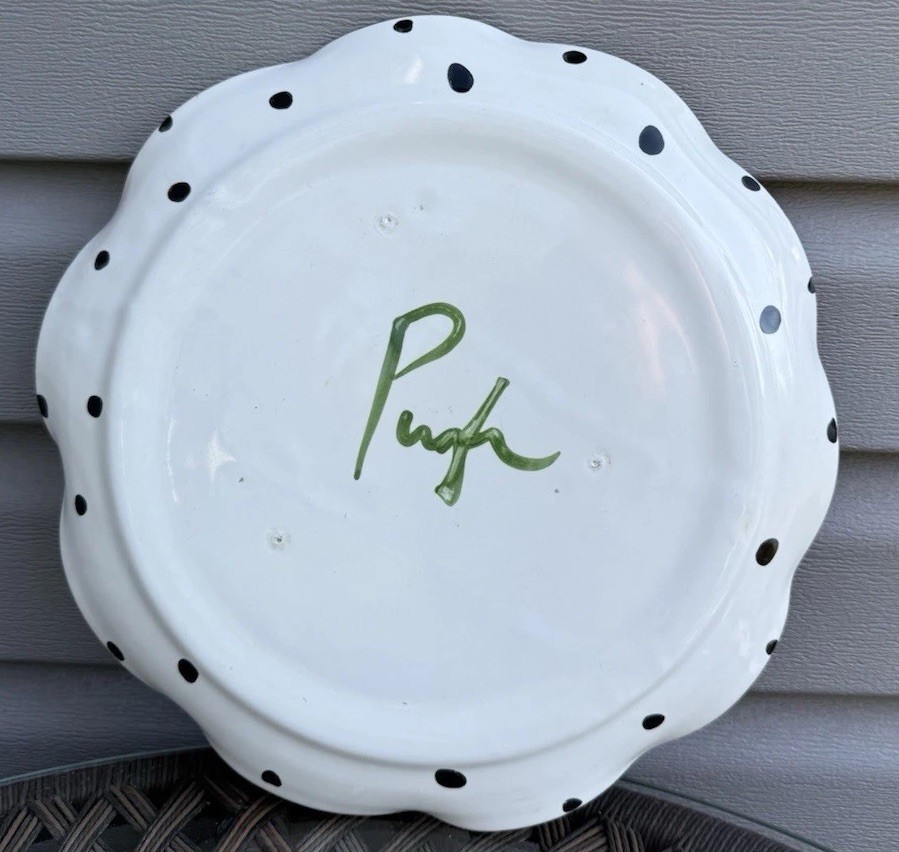 Jan Pugh Signed Art Pottery Plate Platter Hand Painted Ruffled Edge Whimsical