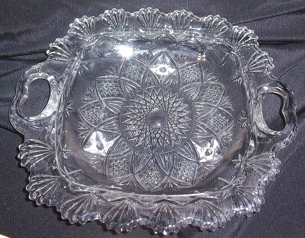 Antique 1919 AMB Period Square Cut Glass 3-Footed 10″ Bowl-Heart Handles-EUC