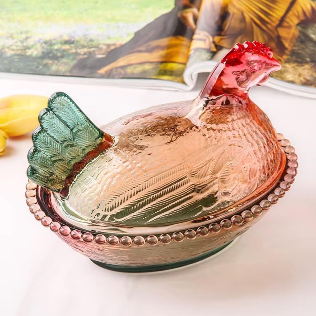 Vintage-Style Glass Hen on Nest Dish with Lid, Colorful Pedestal Candy Bowl