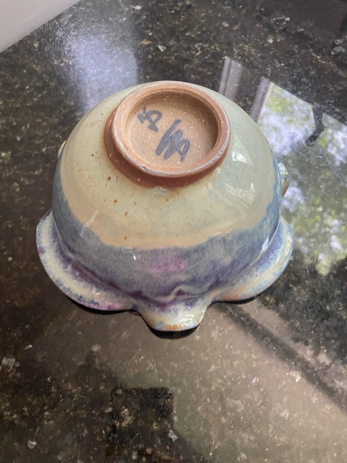 Vtg. Studio Pottery Drip Glaze Ruffled Edge Blue Aqua Bowl. Signed