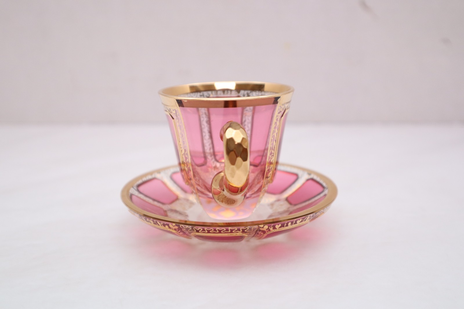 Moser Bohemian Cabochon Pink & Gold Floral Demitasse Espresso Tea Cup & Saucer