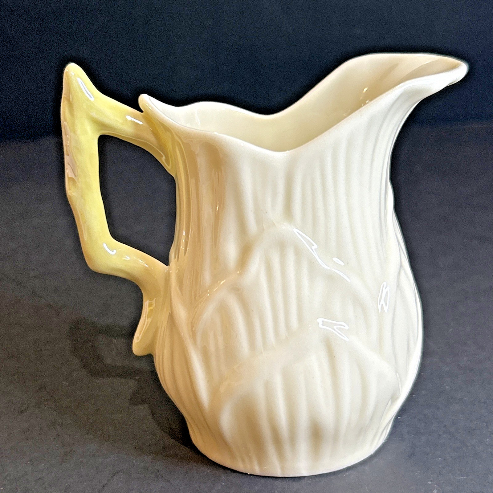 Belleek Lily White Creamer 3.25″ Yellow Handle 6th Green Mark 1965-1980