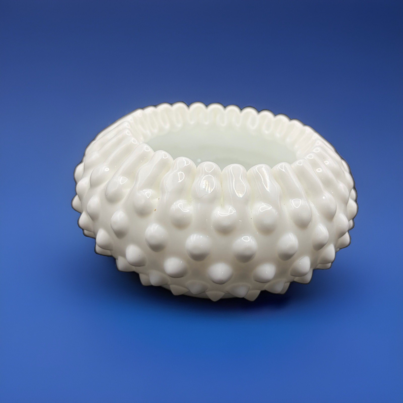 VTG Fenton Hobnail Milk Glass Bowl Crimped Ribbon Edge Trinket Candy Dish 4.5”