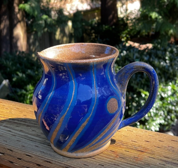 Vintage Hand Thrown Pottery Pitcher Vase Blue Tan Glazed Studio Art Signed OOAK