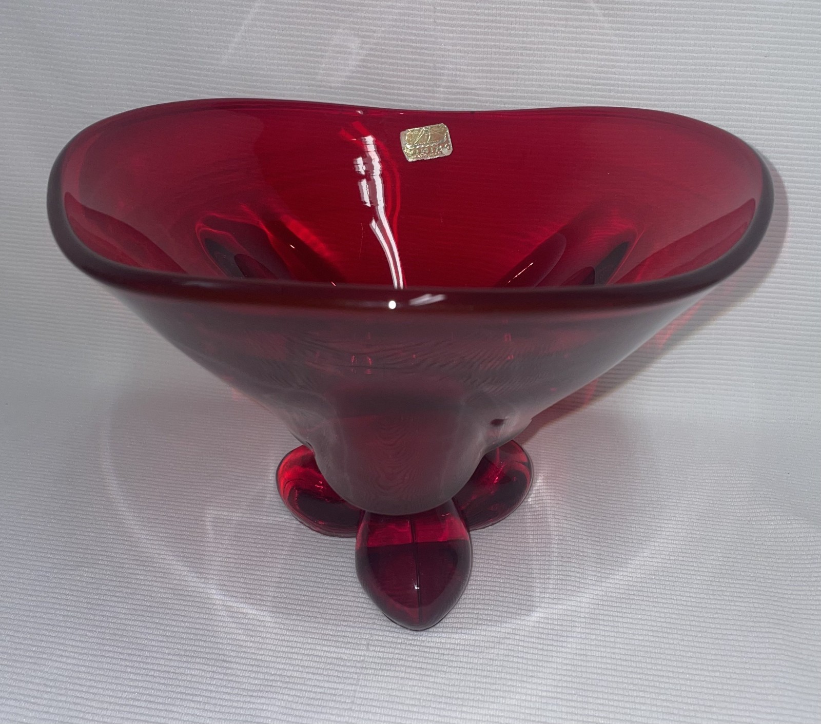 Viking Glass Ruby Red 3 Footed 3 Corner Bowl Original Sticker Attached 5 2/8 In.