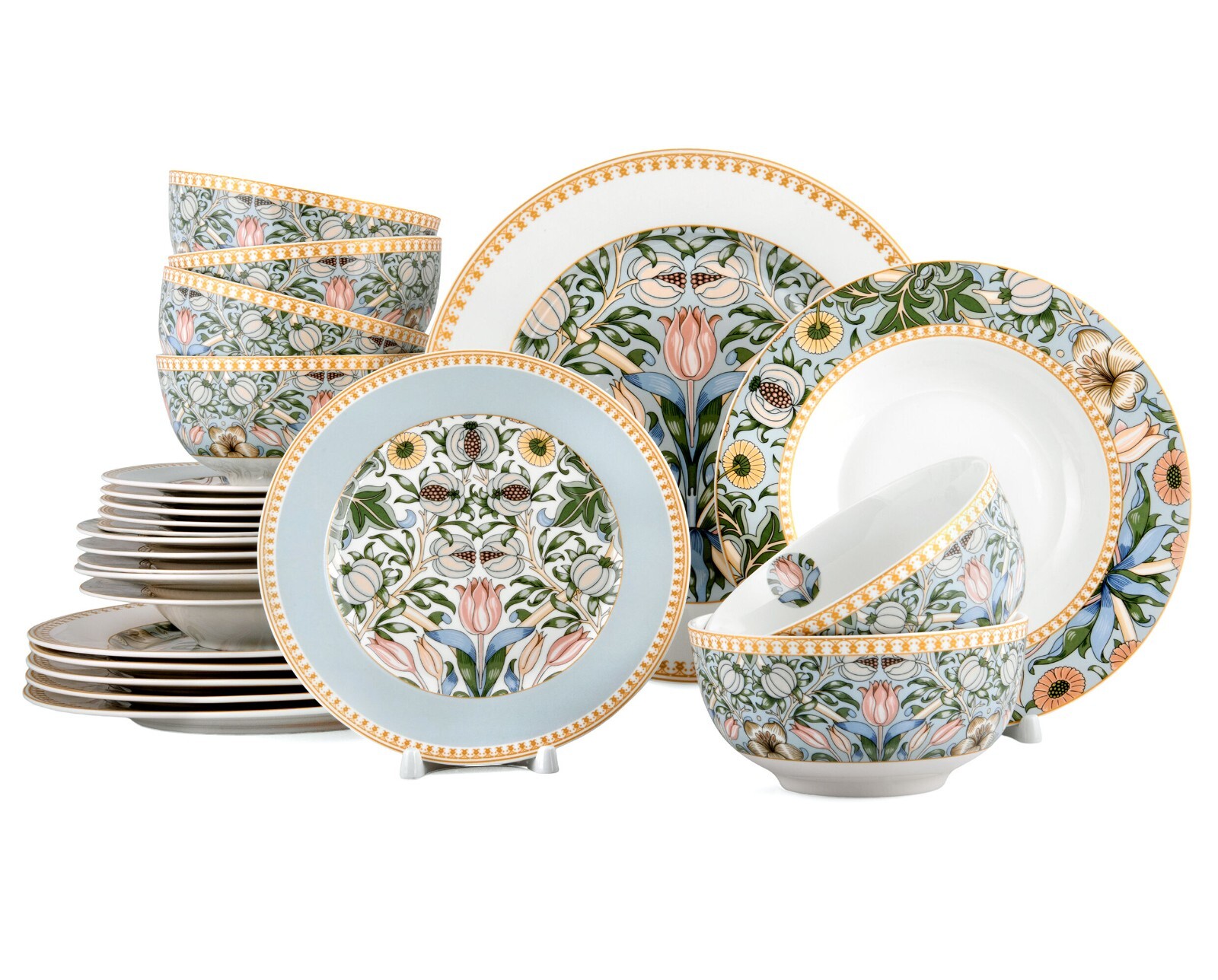 24pc Bone China Dinner Service Set Porcelain Dinnerware MORRIS GARDEN Turquoise