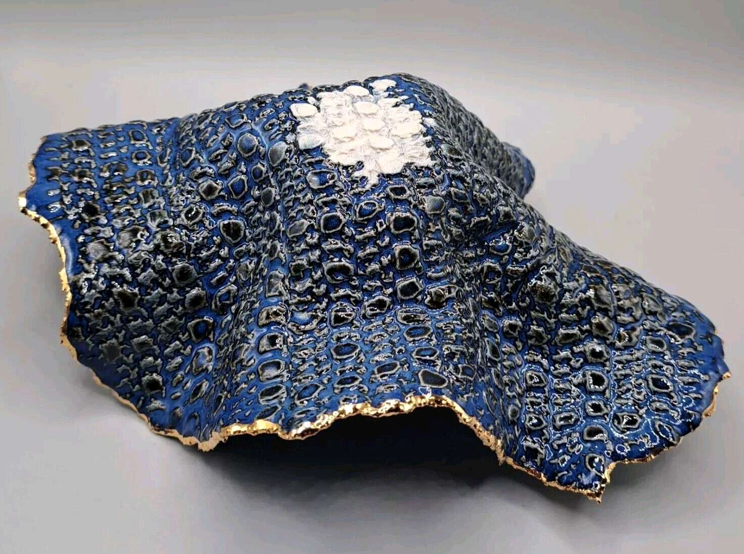 Freeform handkerchief Pottery Bowl Blue Unsigned Cobalt/Gold Trim OrganicTexture