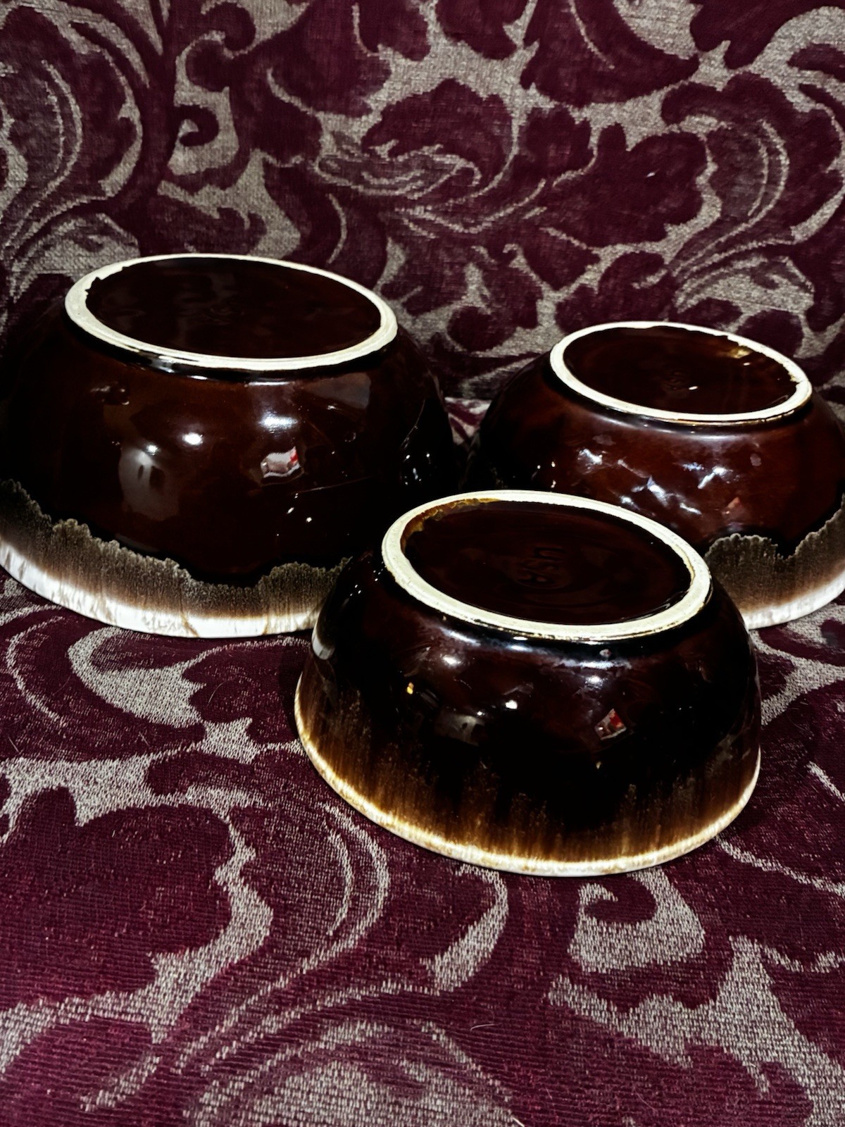 Vintage Nesting Bowls Brown Drip Glaze Stoneware USA Pottery Set Of 3 Mixing