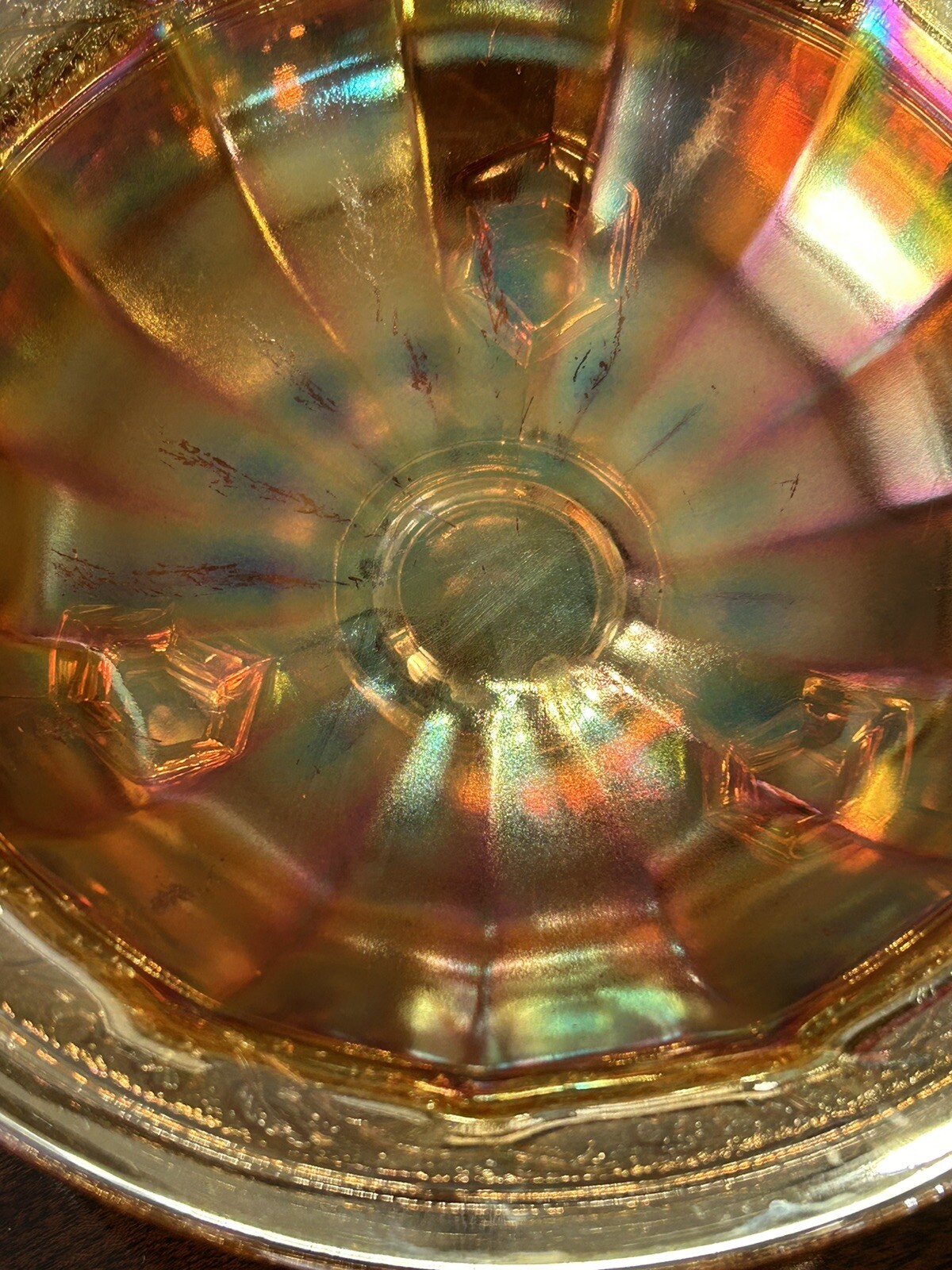 Vintage Carnival Marigold Iridescent 3 Footed Bowl – Floral & Foliate Pattern 9”