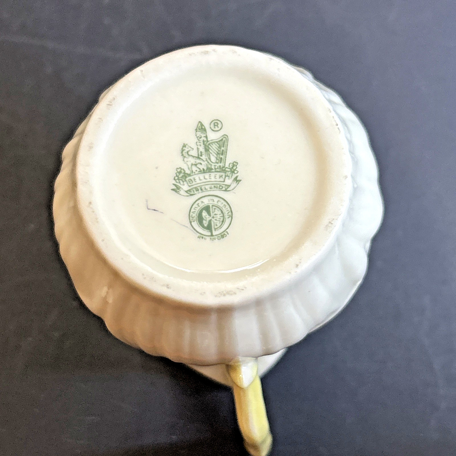 Belleek Lily White Creamer 3.25″ Yellow Handle 6th Green Mark 1965-1980