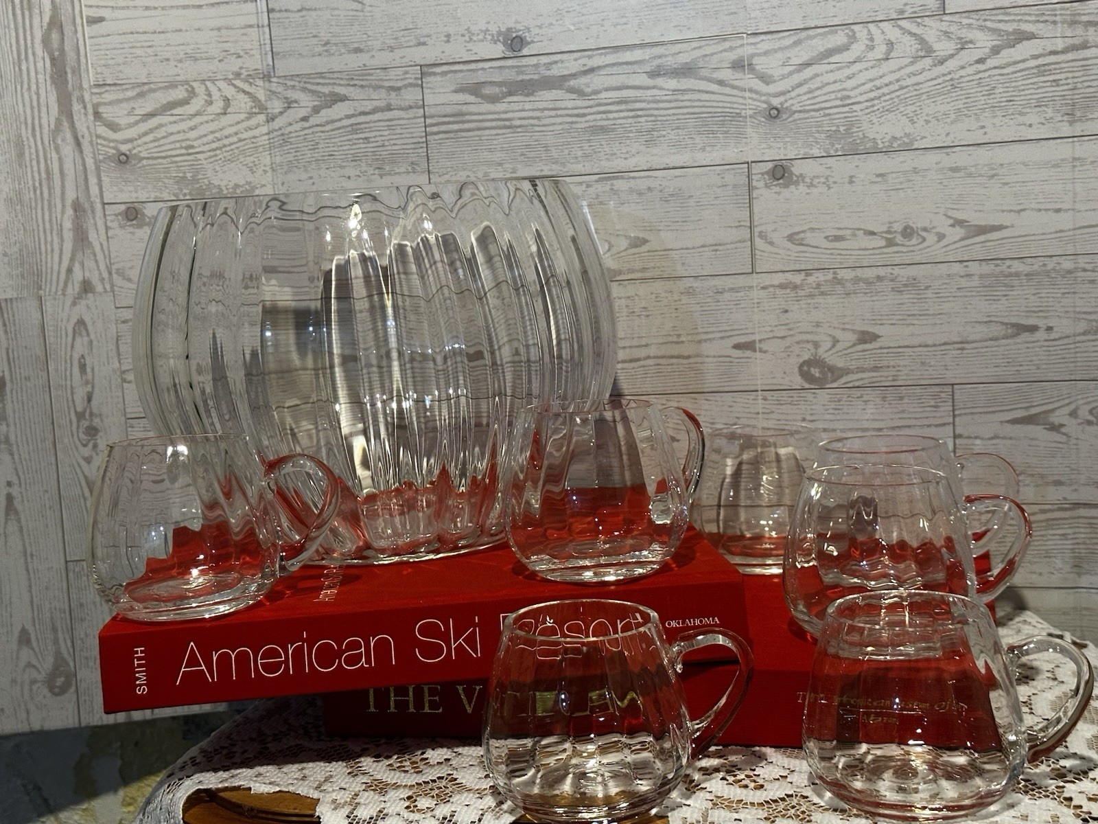 A Krosno glass punch bowl with matching handled cups.