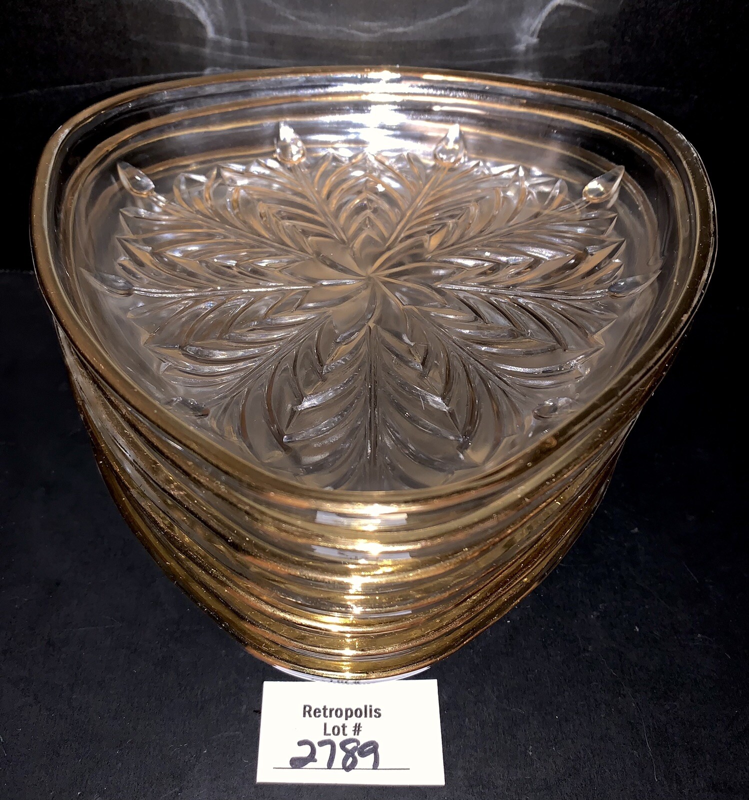 7 Jeannette Glass Plates FEATHER Gold Trim Candy Nut Dishes Vintage