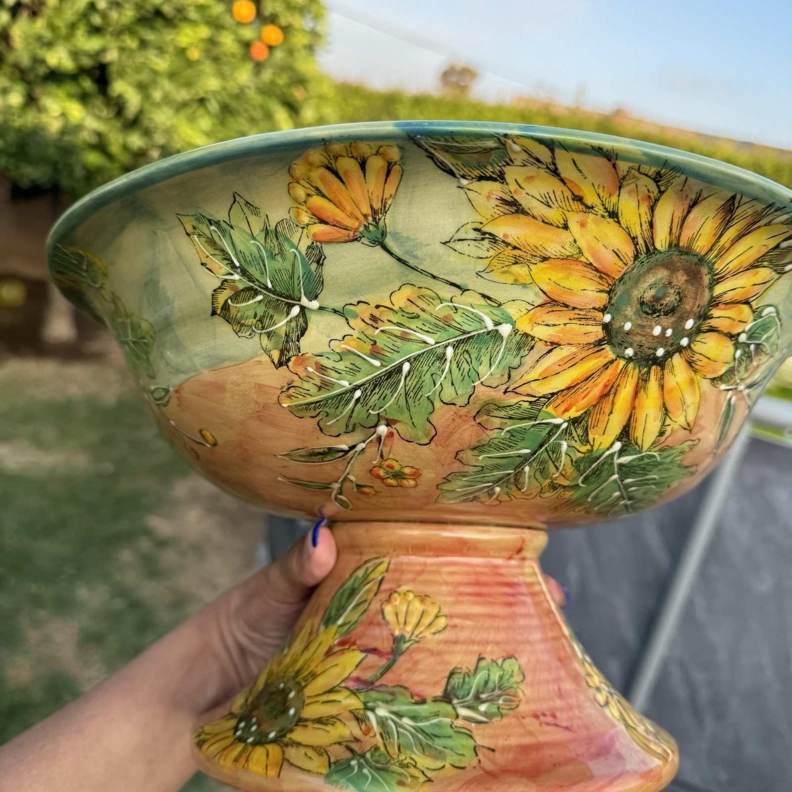 Vintage Sunflower Footed Pedestal Bowl Hand Painted Ceramic Centerpiece 12”
