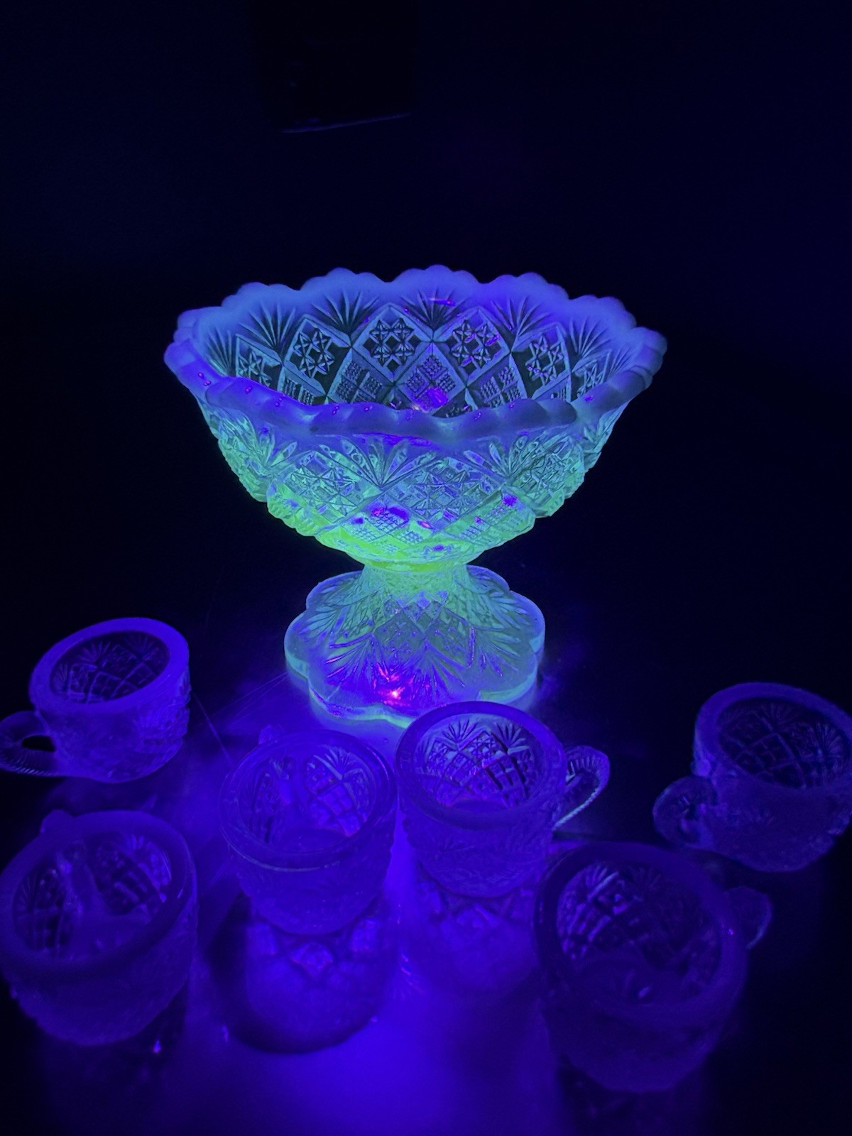 Westmoreland File and Fan Blue Opalescent Mini Punch Bowl Set 6 Mugs Glows