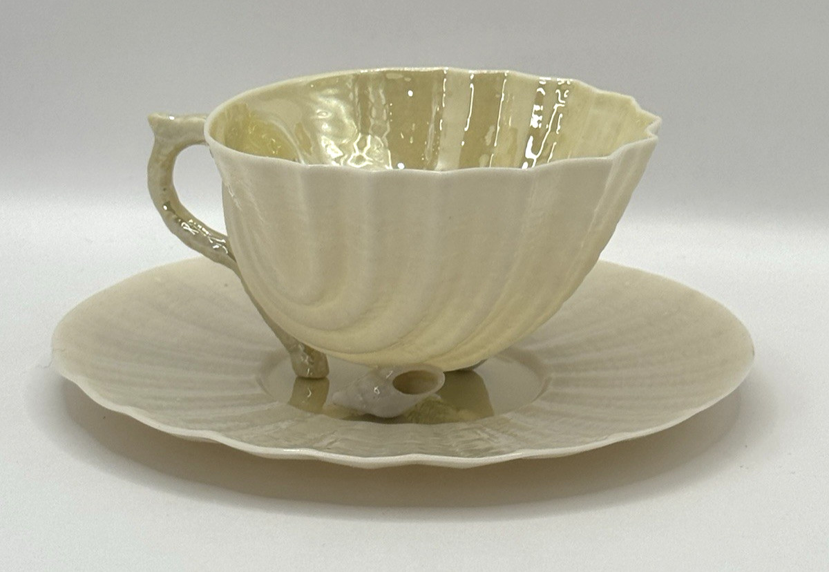 Belleek Neptune Shell Footed Cup and Saucer Yellow Ireland ~ Green Mark