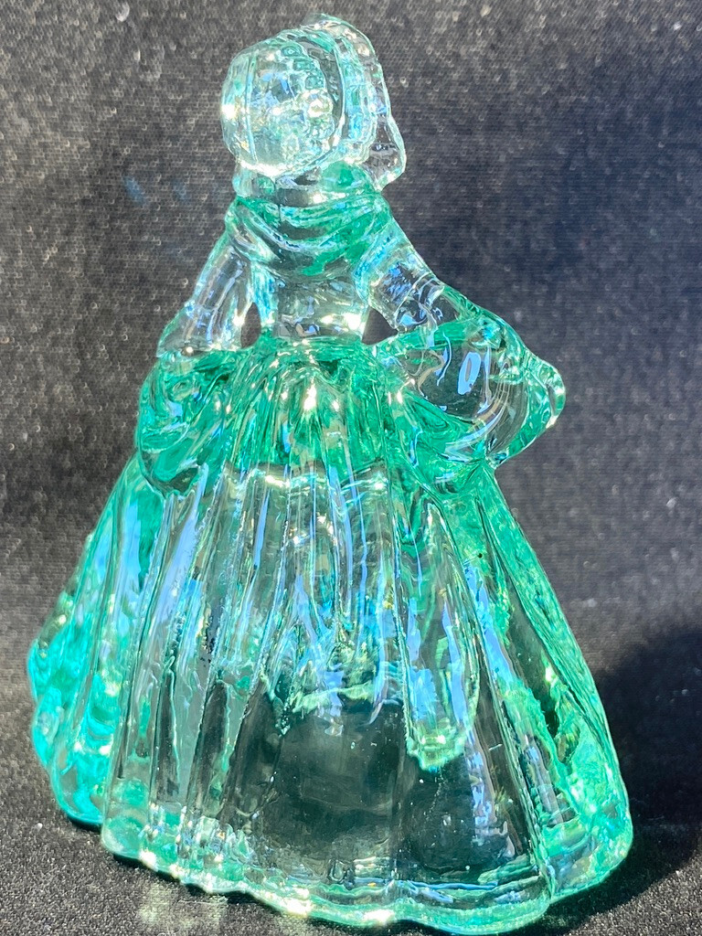 Green Vaseline uranium glass girl doll candy container woman Elizabeth Blue glow