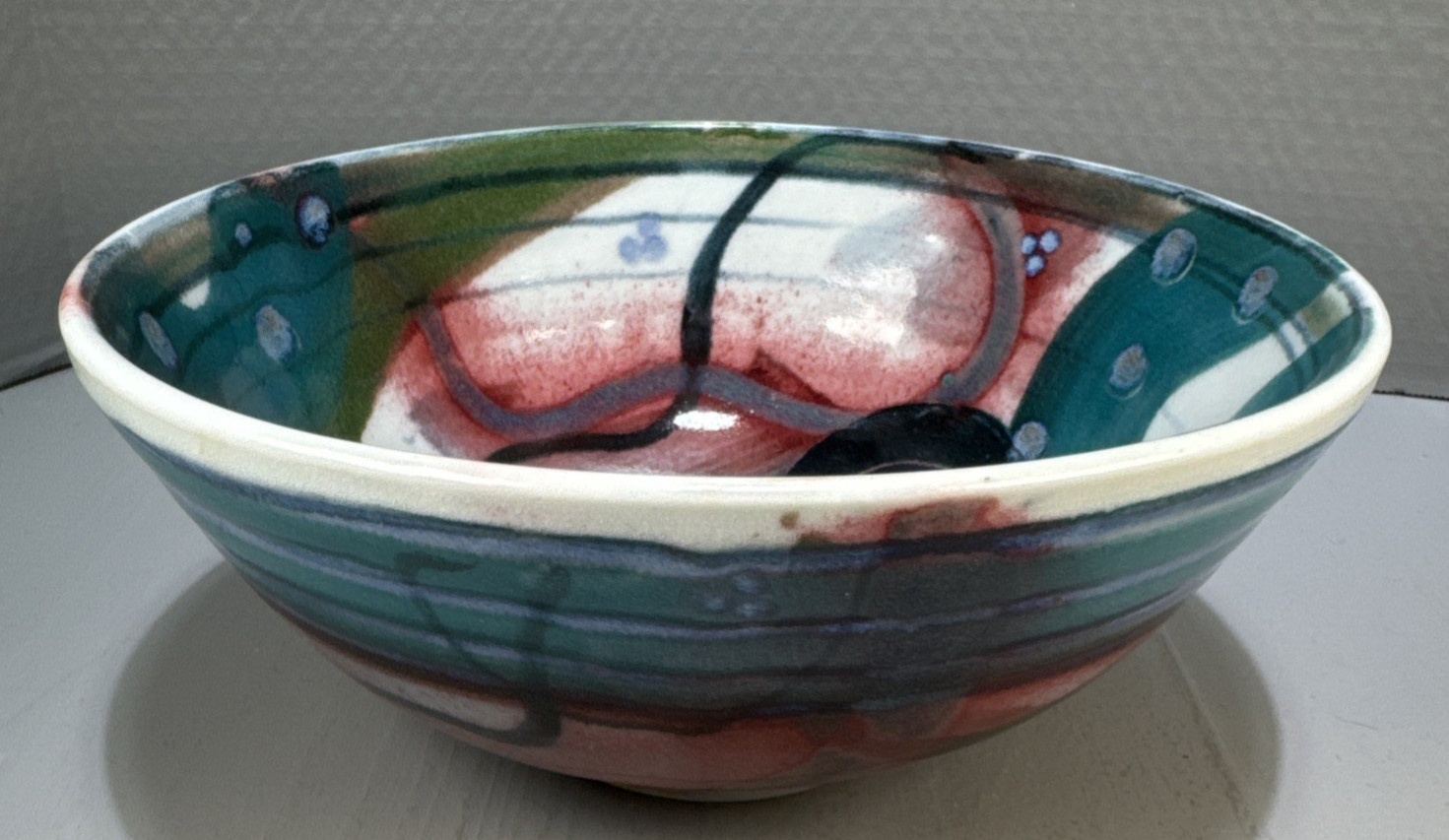 Studio Art Pottery Abstract Design Colorful Blue Green Red Artisan Signed 10″