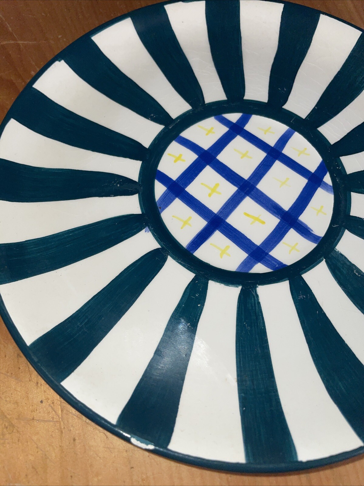 CBK Ltd LLC 1997 Striped Plate Green White Blue Yellow Geometric Hand Painted Sm