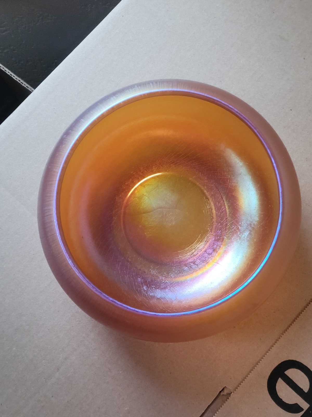 Stretch Art Glass Marigold Imperial Jewels Cupped Top Bowl Iron Cross Signed