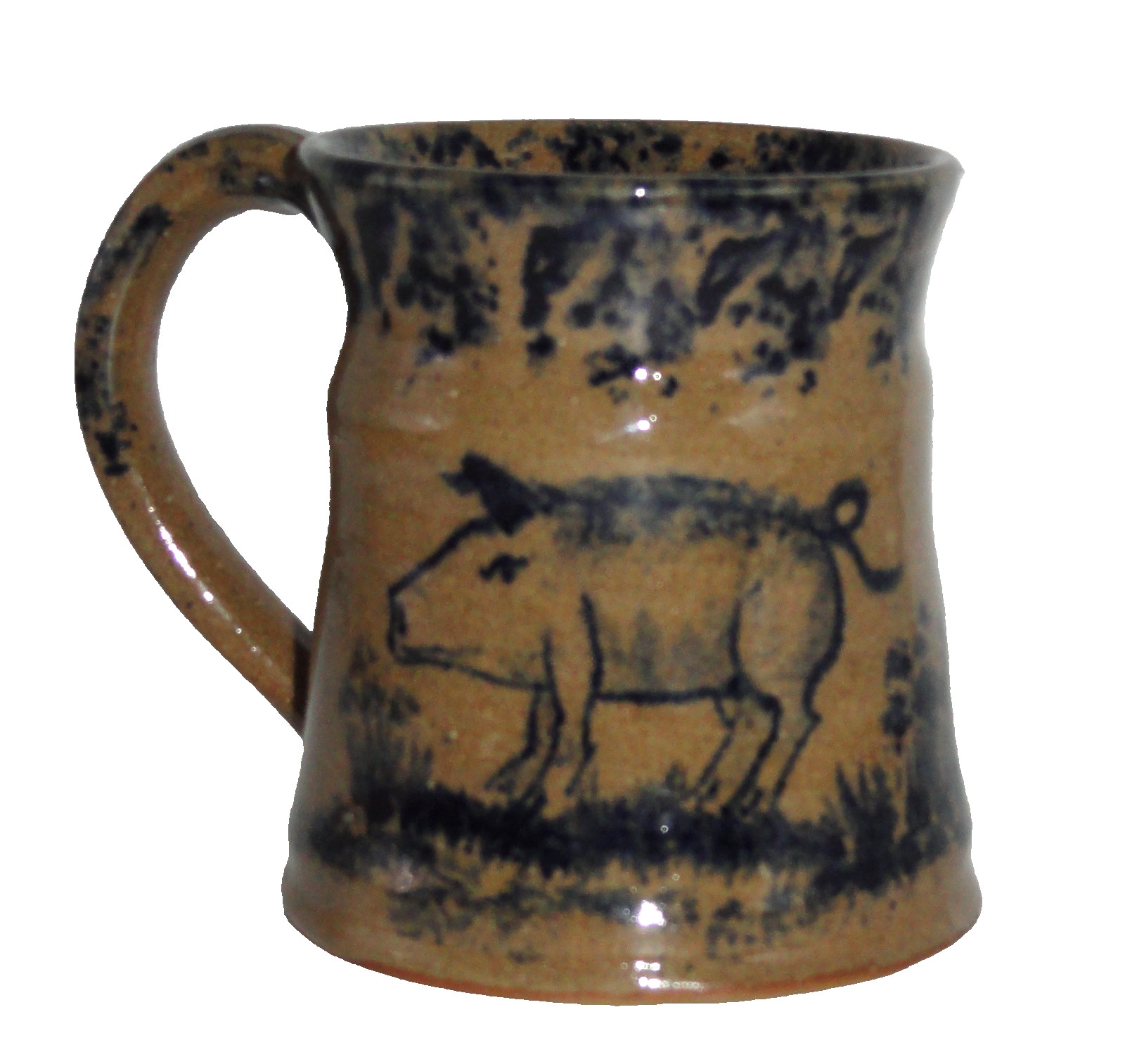 Becky Mummert Folk Art Mug ~ 3.5” tall Pottery ~ Salt Glazed w/Blue Pig ~ 1997