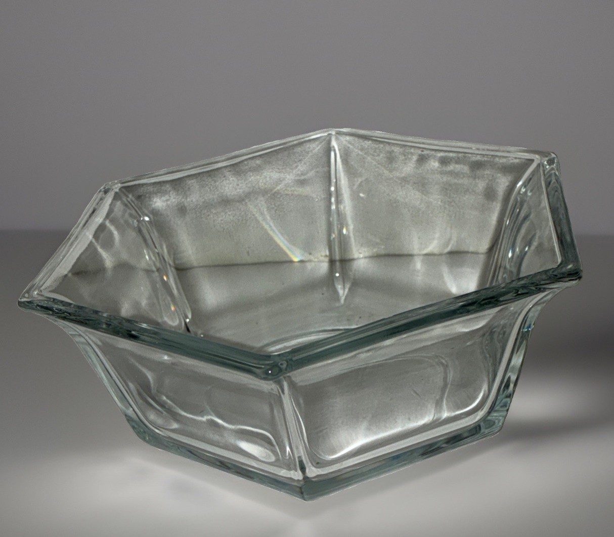 Vintage Clear Glass Hexagon Serving Bowl 7x6x2.5 Six Sided Salad Bowl Candy Dish