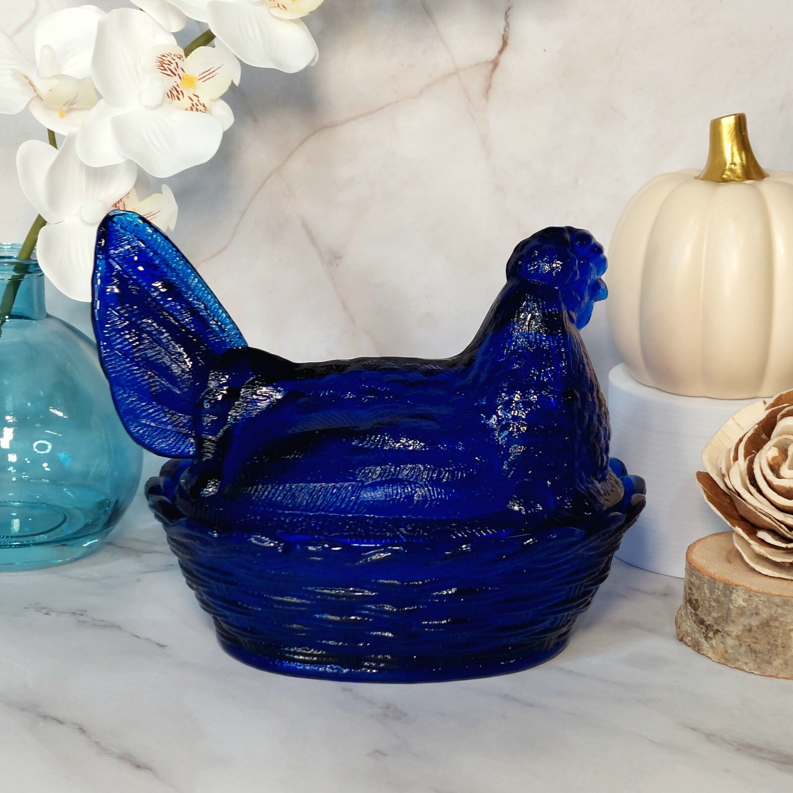 Hen on Nest Chicken Cobalt Blue Glass Depression Style Candy Dish, Vintage Style