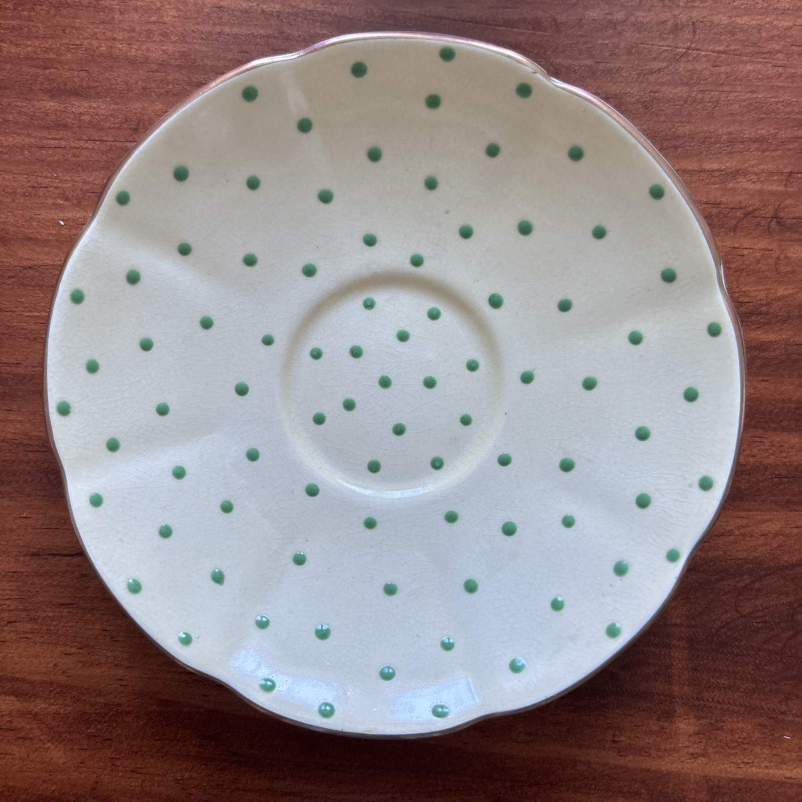 Carlton Ware Dematisse Hand painted Tea Cups/Saucers. Pale Yellow With Green Dot