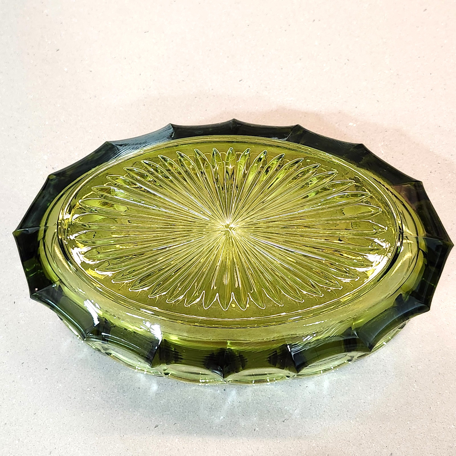 Vintage Fostoria Olive Green Glass Coin Scalloped Edge 9” Oval Serving Bowl