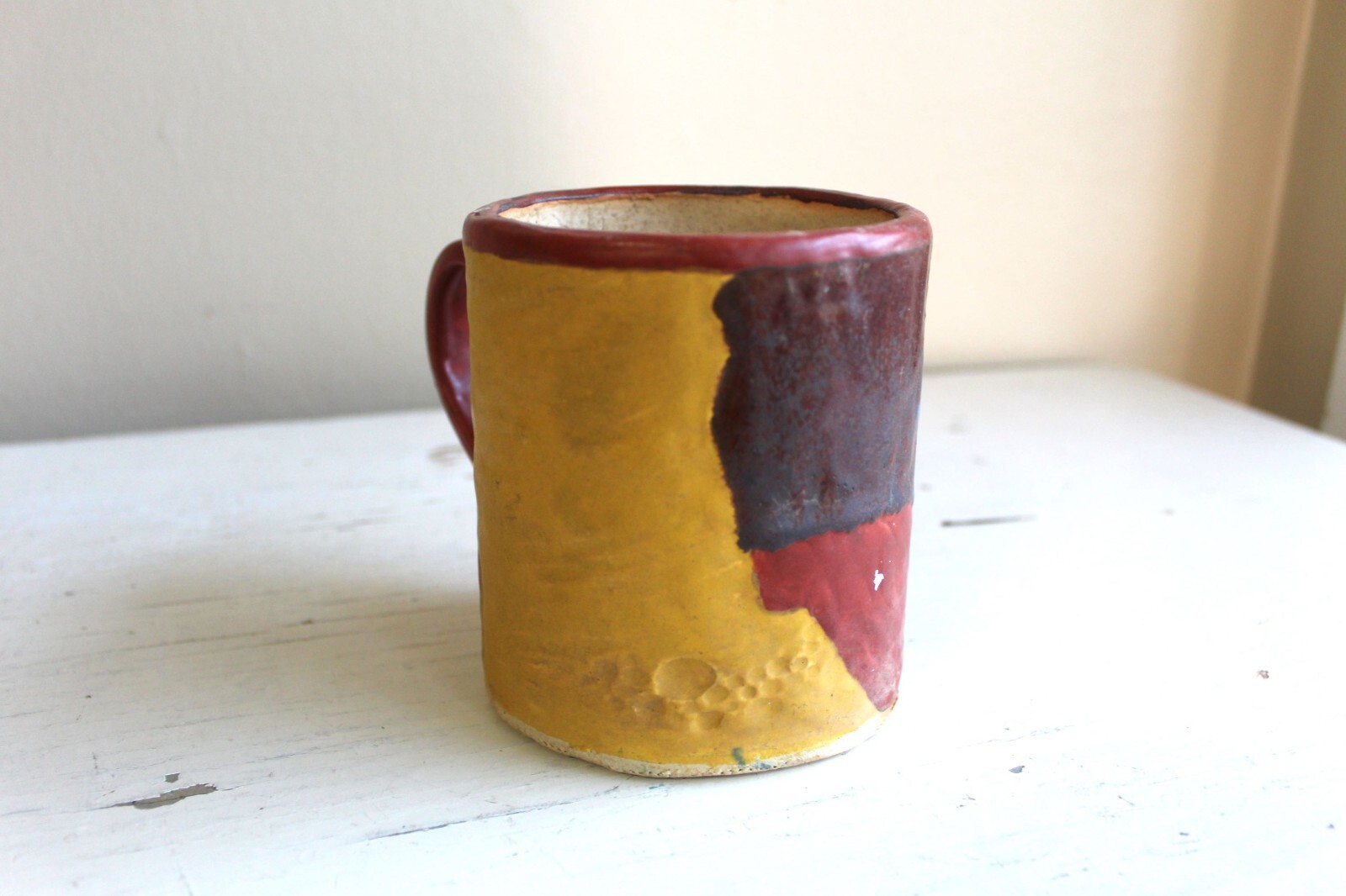 Student Made Wheel Thrown Mug Rust Blue Gold Coffee Tea Art Pottery Incised AJS