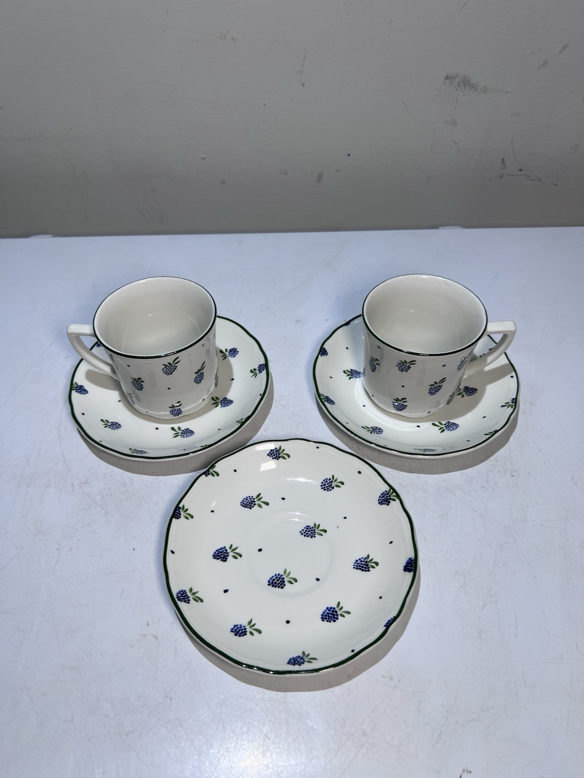 Vintage Johnson Brothers Ironstone Blue Berries 2-Teacup And 3 Saucers