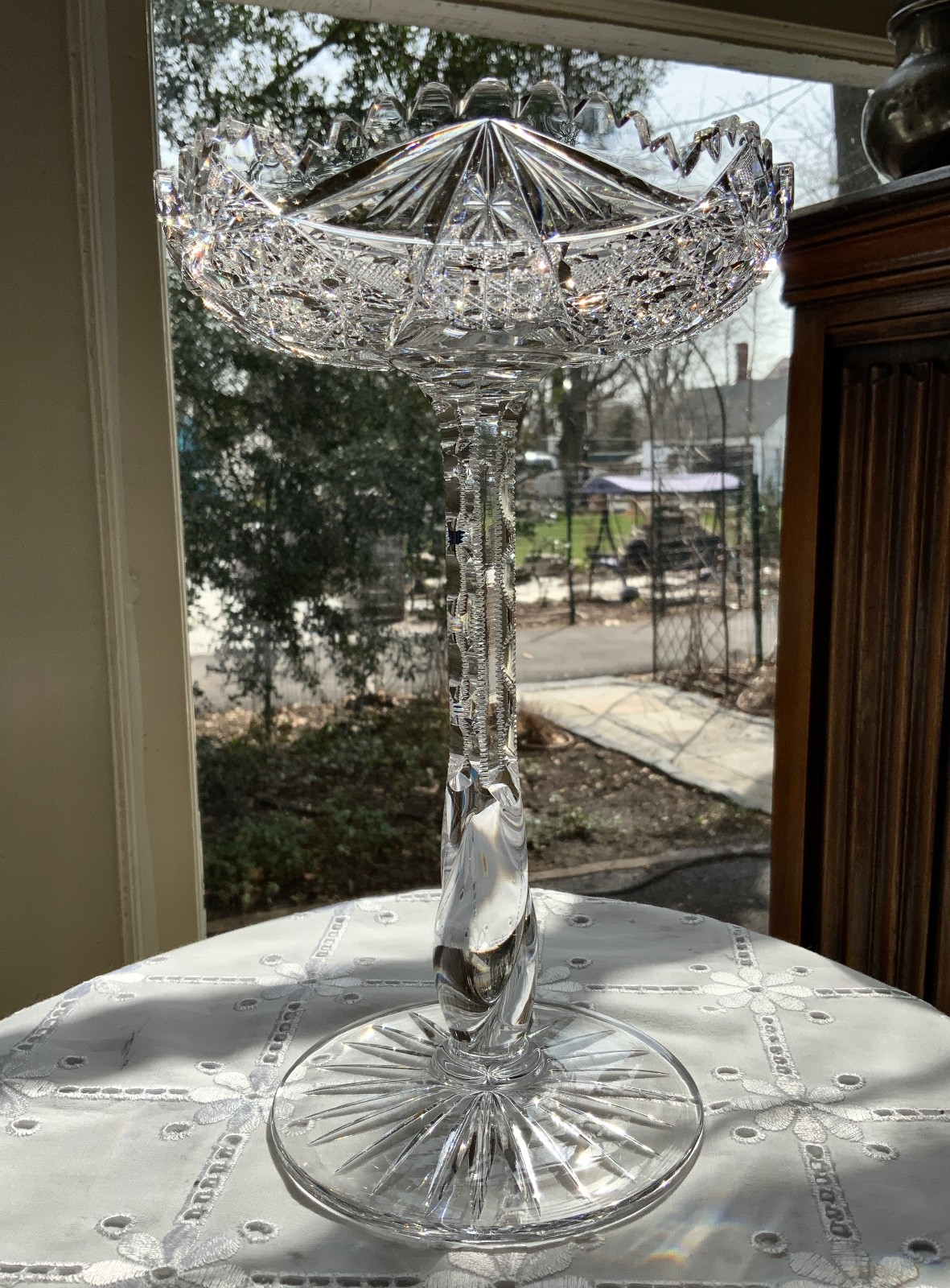 AMERICAN BRILLIANT CUT GLASS 10″ TWIST STEM COMPOTE / ATTRIB: LIBBEY C.1900-1910